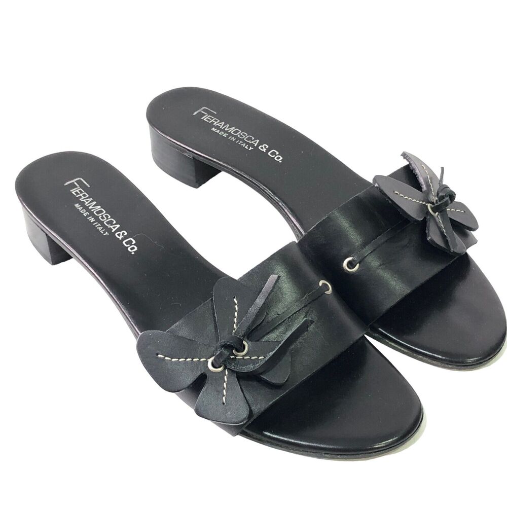 FIERAMOSCA & CO Womens Size 8 M Slides Sandals Black Leather Shoes Made in ITALY